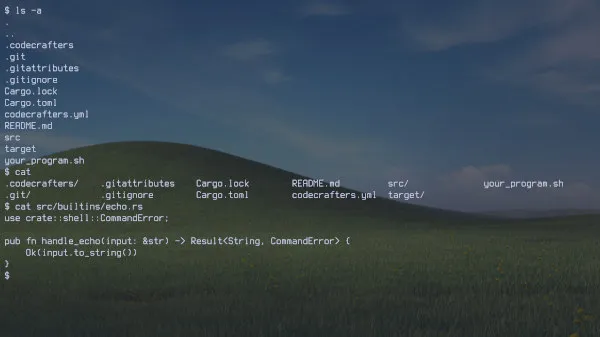A screenshot of a terminal window with the classic windows hill background, showing various terminal commands being run, such as 'ls' and 'cat'