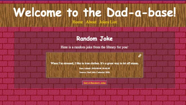 A 90s-inspired website with a red brick background. A header with a wooden background texture shows a joke that says 'When I am stresed I like to iron clothes. It is a great way to let off steam.'